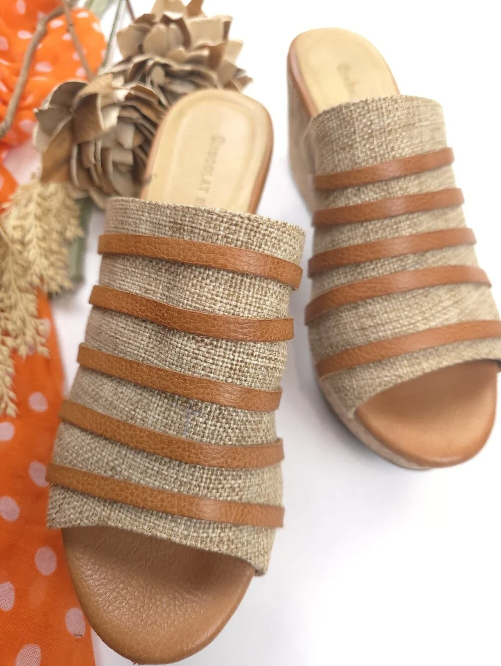 Chocolat Blu Woven Tan Cork Wedge Slide Sandals - Sz 8
